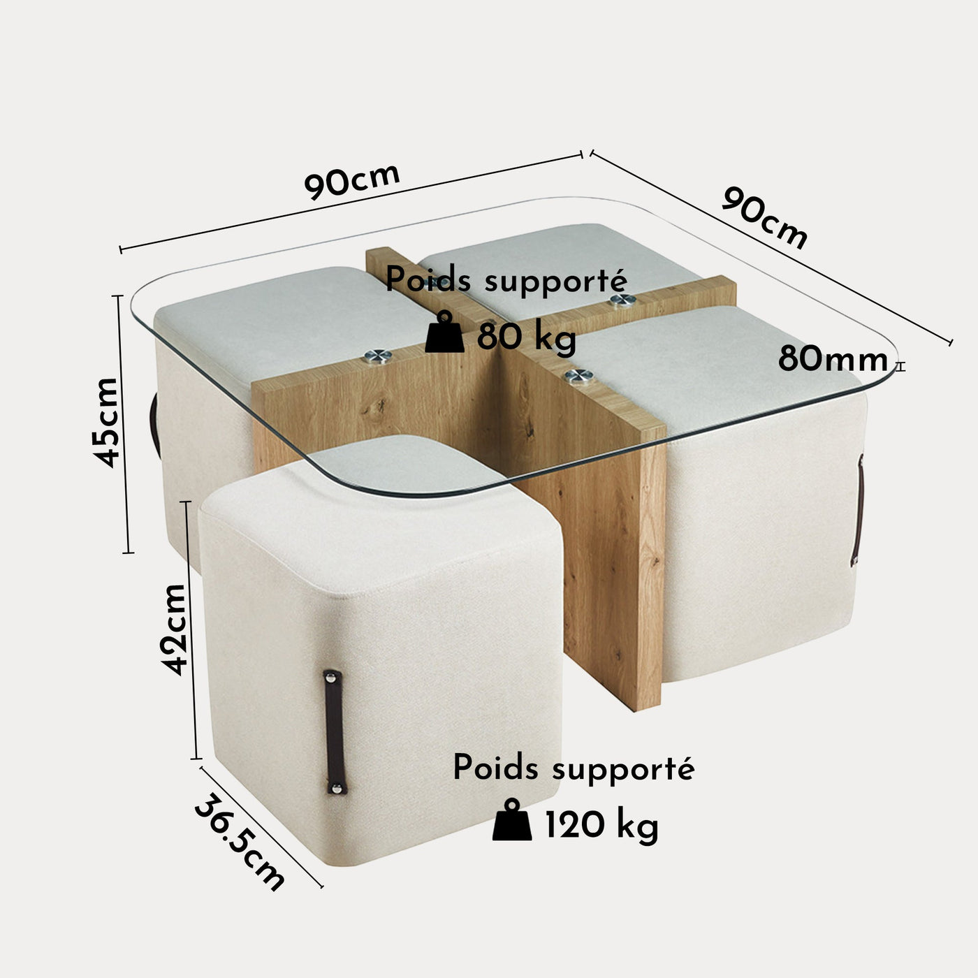 SHANA Table basse en verre socle couleur bois avec 4 poufs en tissu blanc écru - Table basse - Mobilier Deco