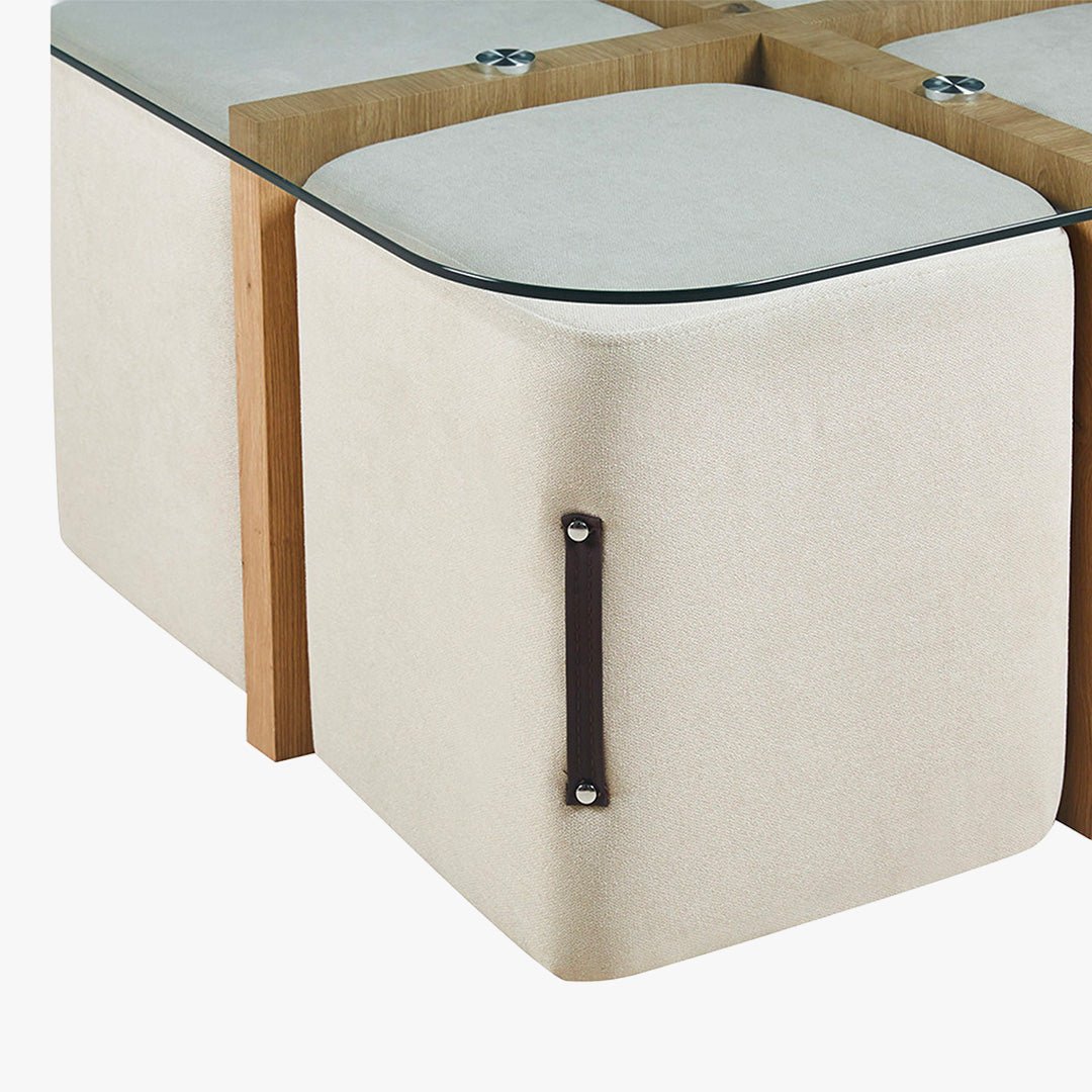 SHANA Table basse en verre socle couleur bois avec 4 poufs en tissu blanc écru - Table basse - Mobilier Deco