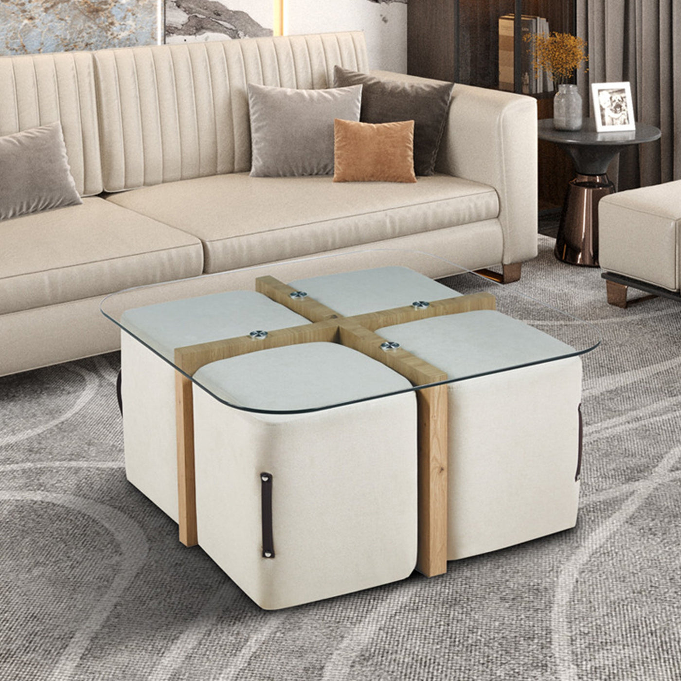 SHANA Table basse en verre socle couleur bois avec 4 poufs en tissu blanc écru - Table basse - Mobilier Deco