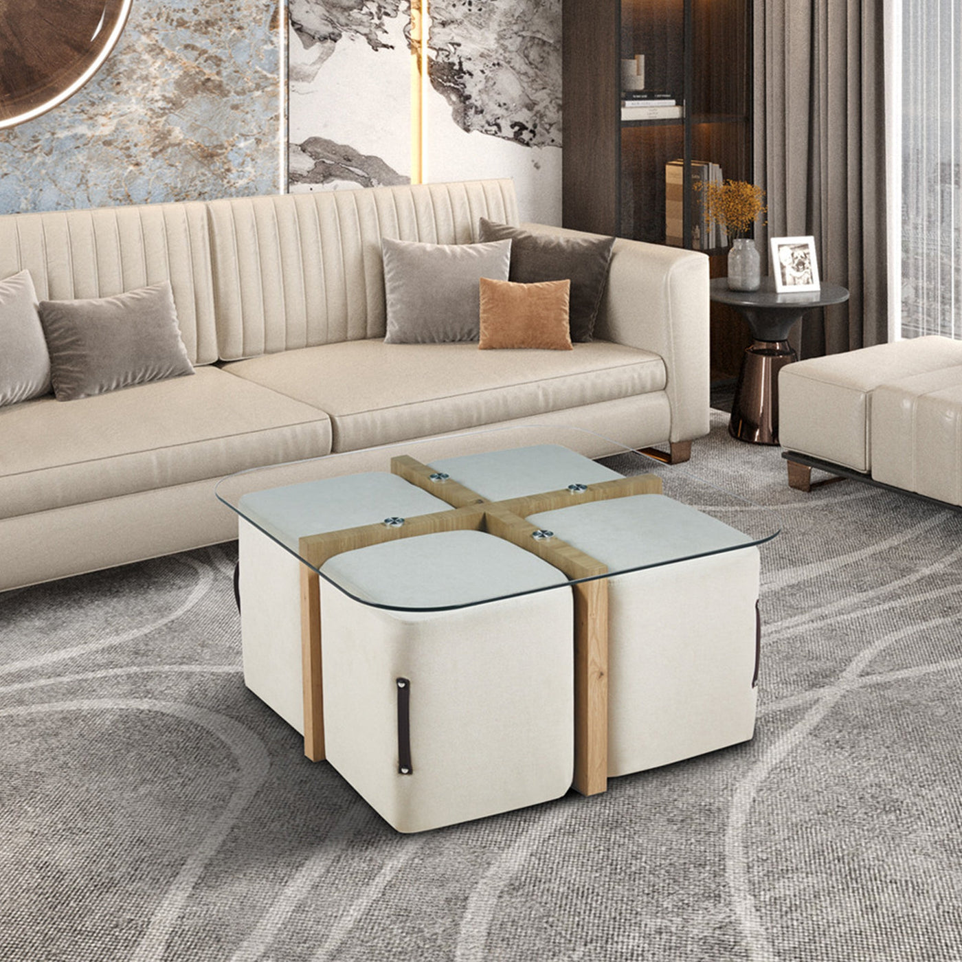 SHANA Table basse en verre socle couleur bois avec 4 poufs en tissu blanc écru - Table basse - Mobilier Deco