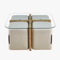 SHANA Table basse en verre socle couleur bois avec 4 poufs en tissu blanc écru