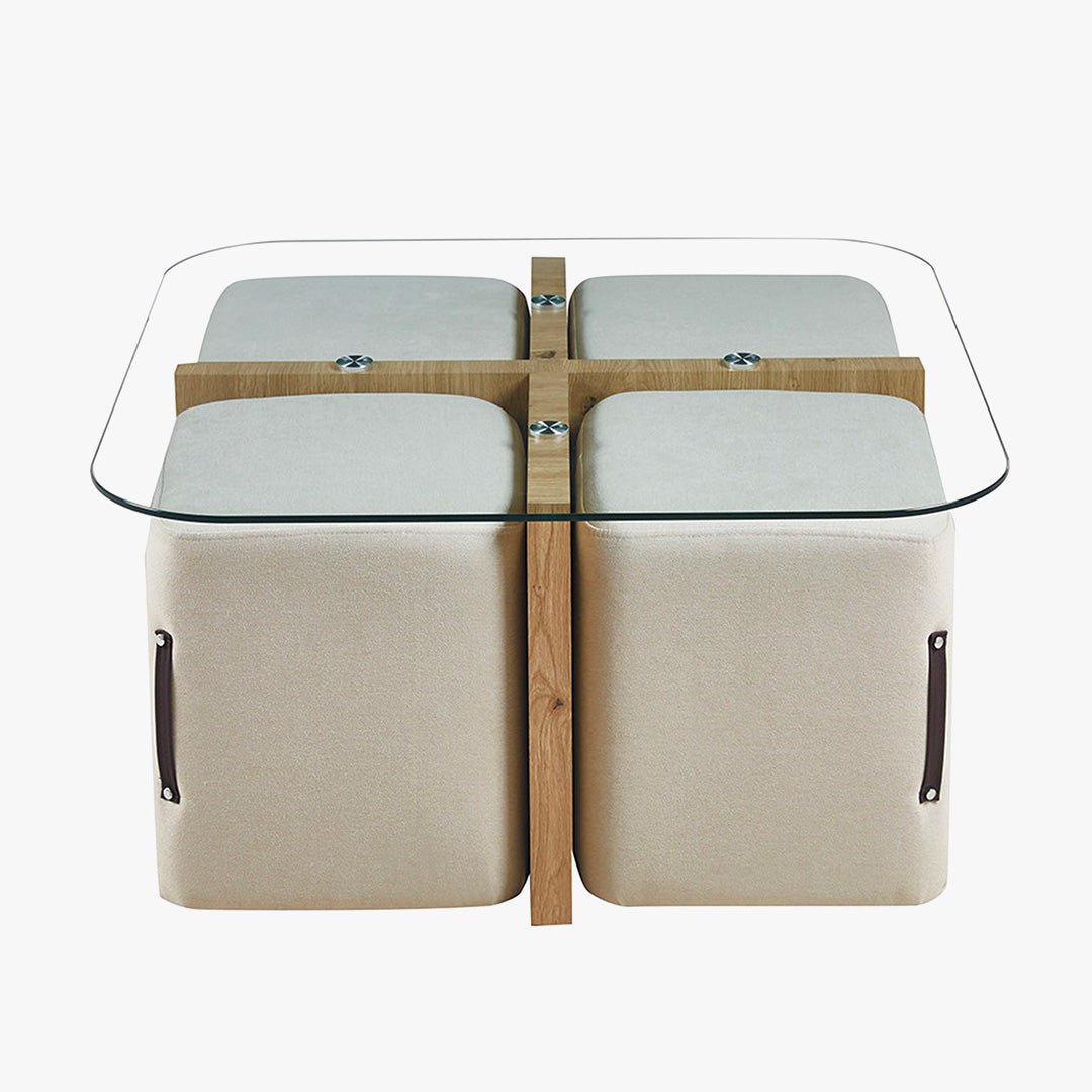 SHANA Table basse en verre socle couleur bois avec 4 poufs en tissu blanc écru - Table basse - Mobilier Deco