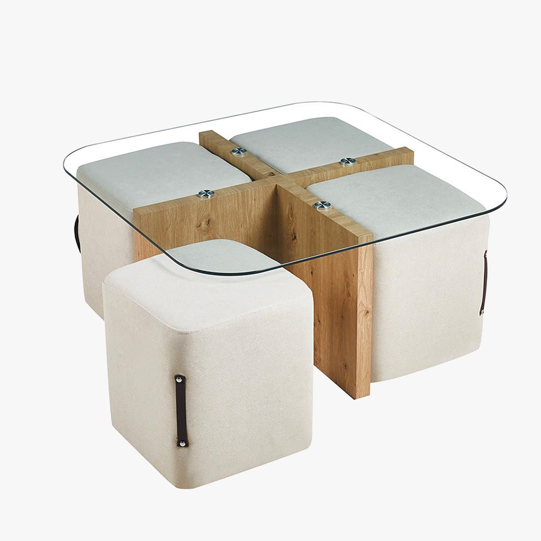 SHANA Table basse en verre socle couleur bois avec 4 poufs en tissu blanc écru - Table basse - Mobilier Deco