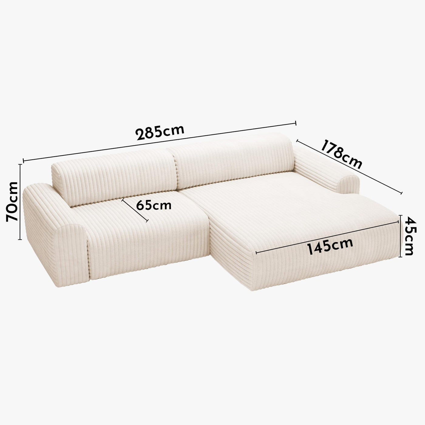 SOFIA Canapé d'angle en velours gros côtelé blanc écru - Angle droit - Canapés d'angle - Mobilier Deco
