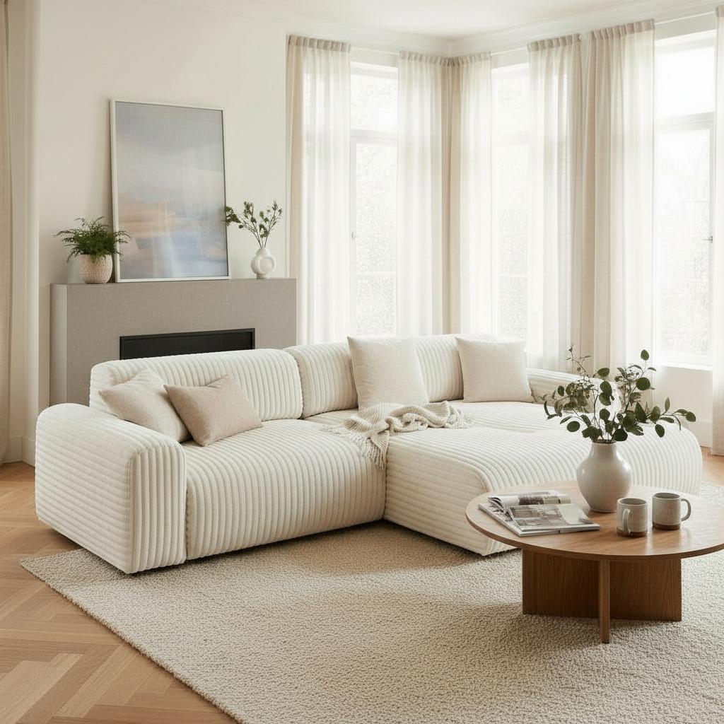 SOFIA Canapé d'angle en velours gros côtelé blanc écru - Angle gauche - Canapés d'angle - Mobilier Deco
