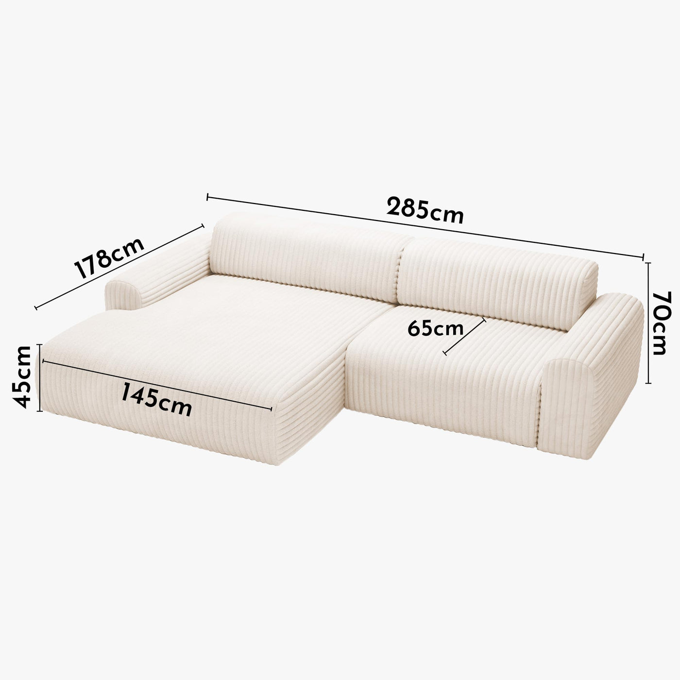 SOFIA Canapé d'angle en velours gros côtelé blanc écru - Angle gauche - Canapés d'angle - Mobilier Deco