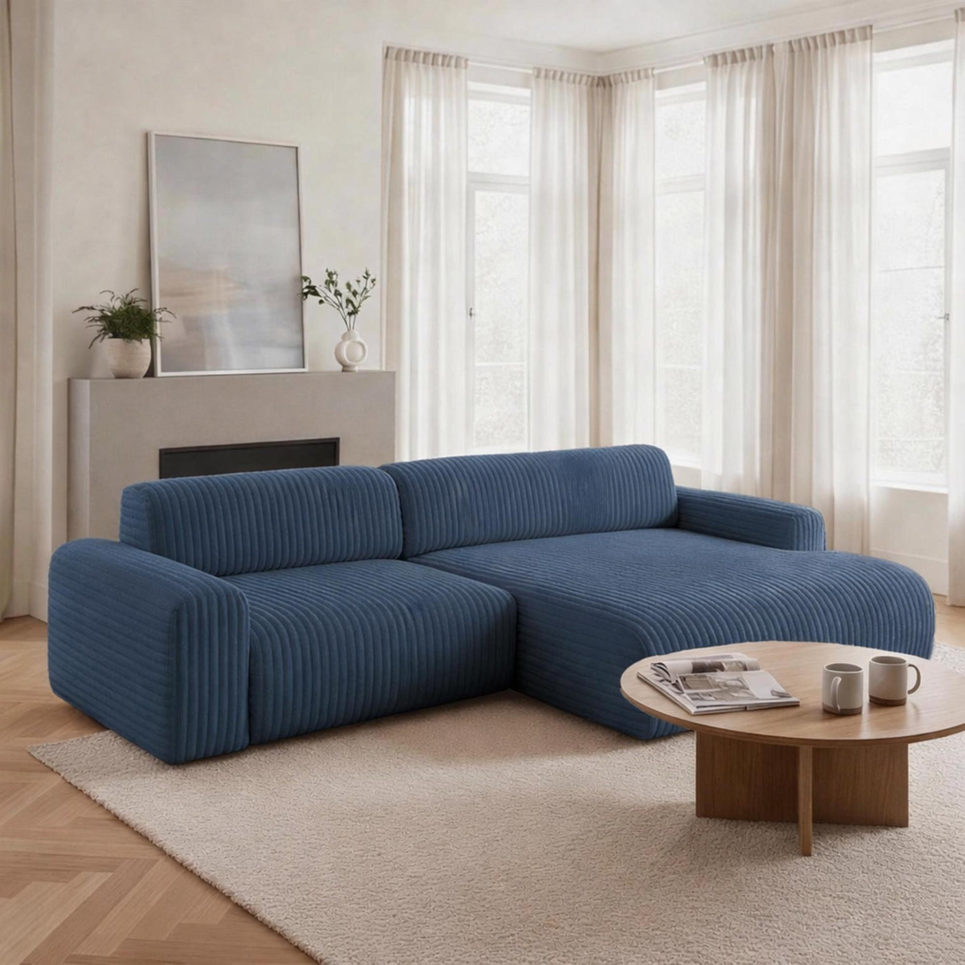 SOFIA Canapé d'angle en velours gros côtelé bleu - Angle droit - Canapés d'angle - Mobilier Deco