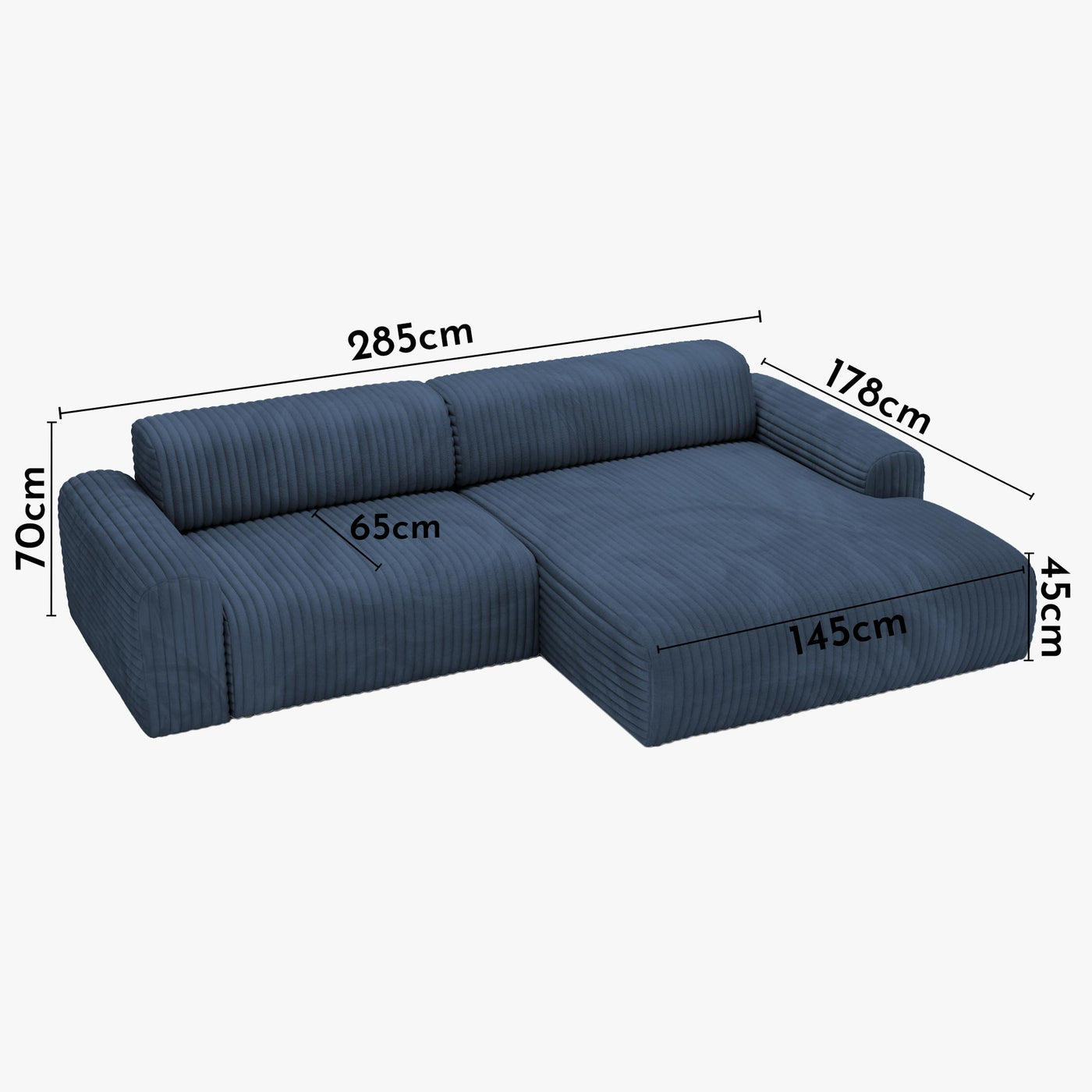 SOFIA Canapé d'angle en velours gros côtelé bleu - Angle droit - Canapés d'angle - Mobilier Deco