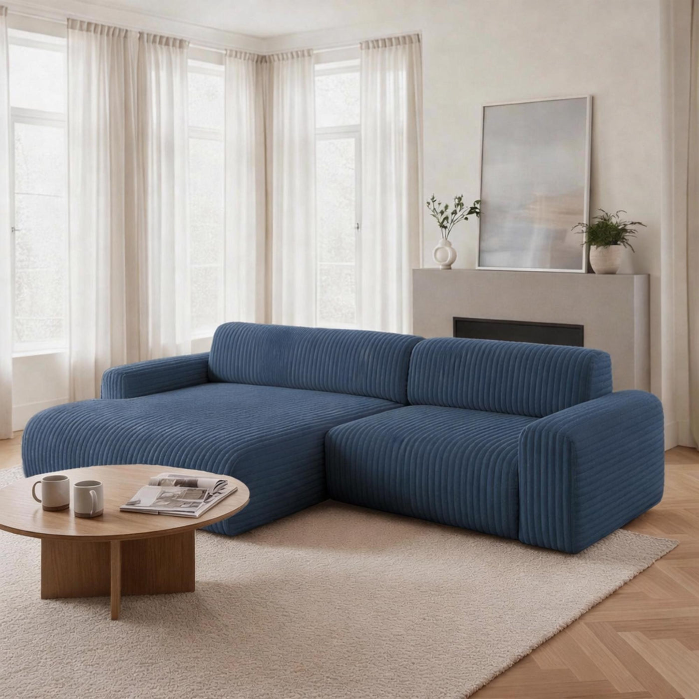 SOFIA Canapé d'angle en velours gros côtelé bleu - Angle gauche - Canapés d'angle - Mobilier Deco