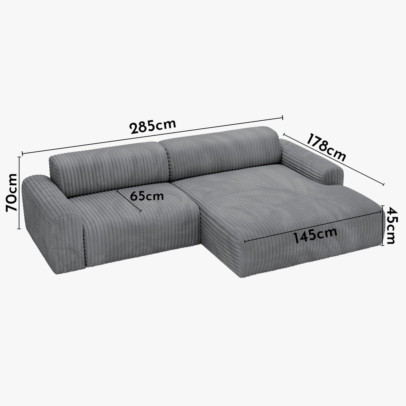 SOFIA Canapé d'angle en velours gros côtelé gris foncé - Angle droit - Canapés d'angle - Mobilier Deco