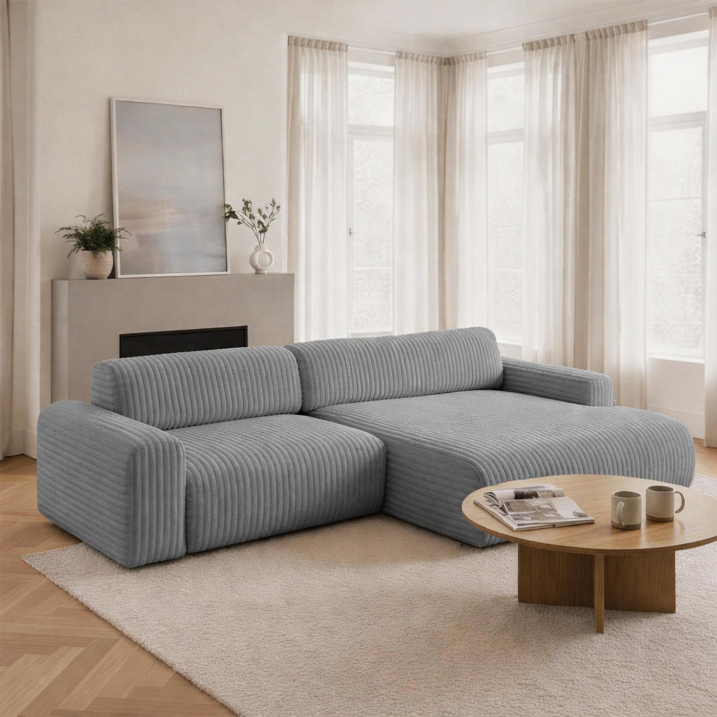 SOFIA Canapé d'angle en velours gros côtelé gris foncé - Angle droit - Canapés d'angle - Mobilier Deco