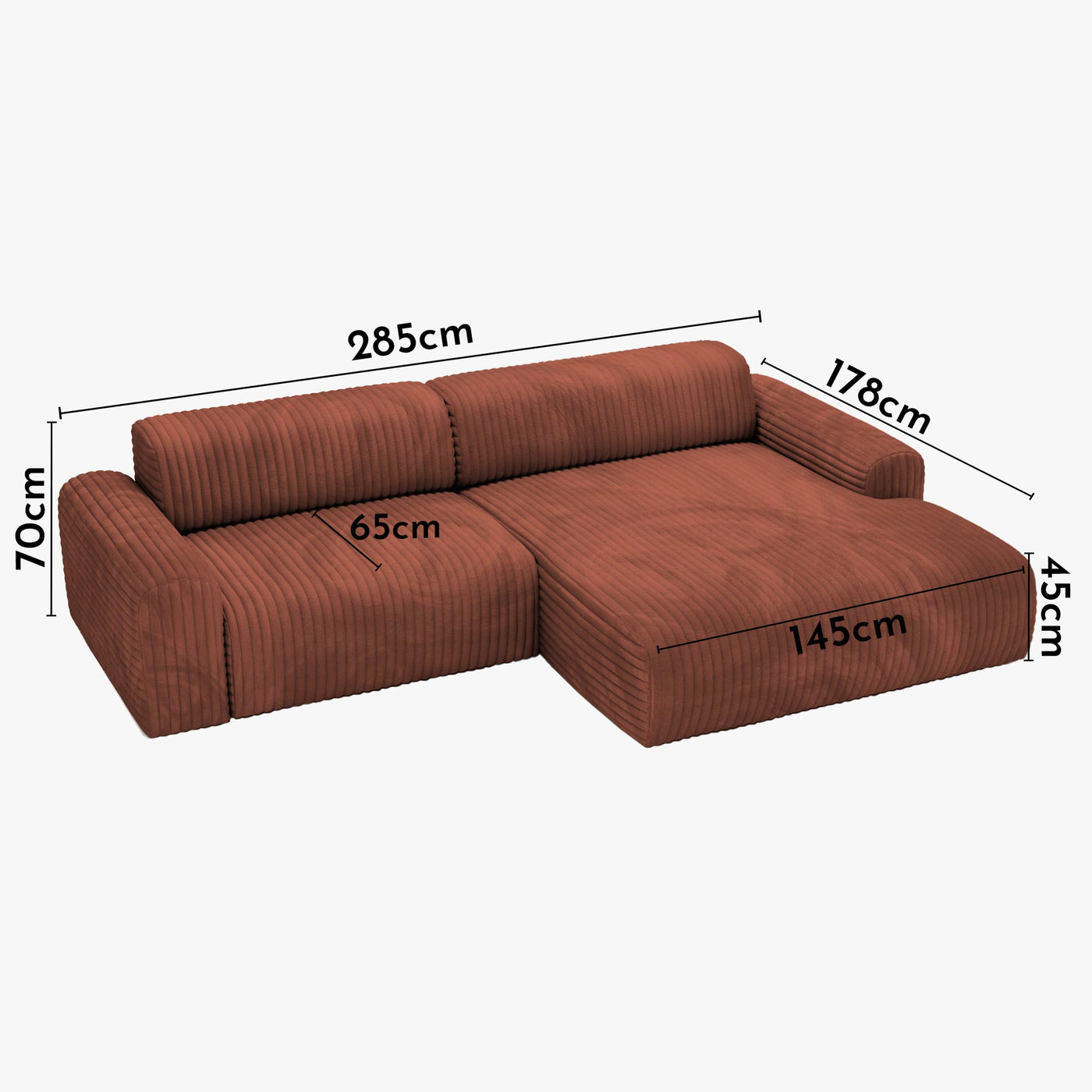 SOFIA Canapé d'angle en velours gros côtelé terracotta - Angle droit - Canapés d'angle - Mobilier Deco