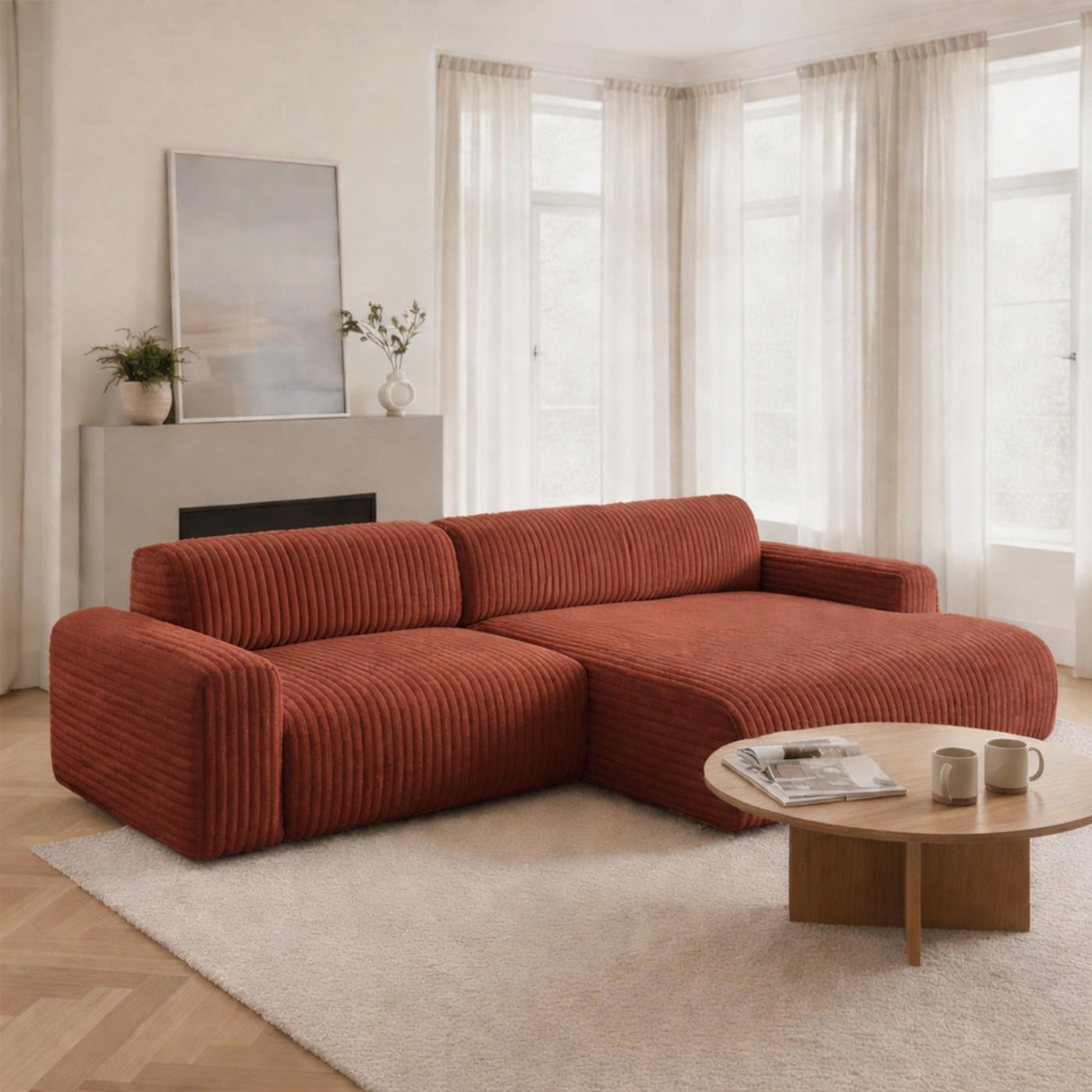 SOFIA Canapé d'angle en velours gros côtelé terracotta - Angle droit - Canapés d'angle - Mobilier Deco