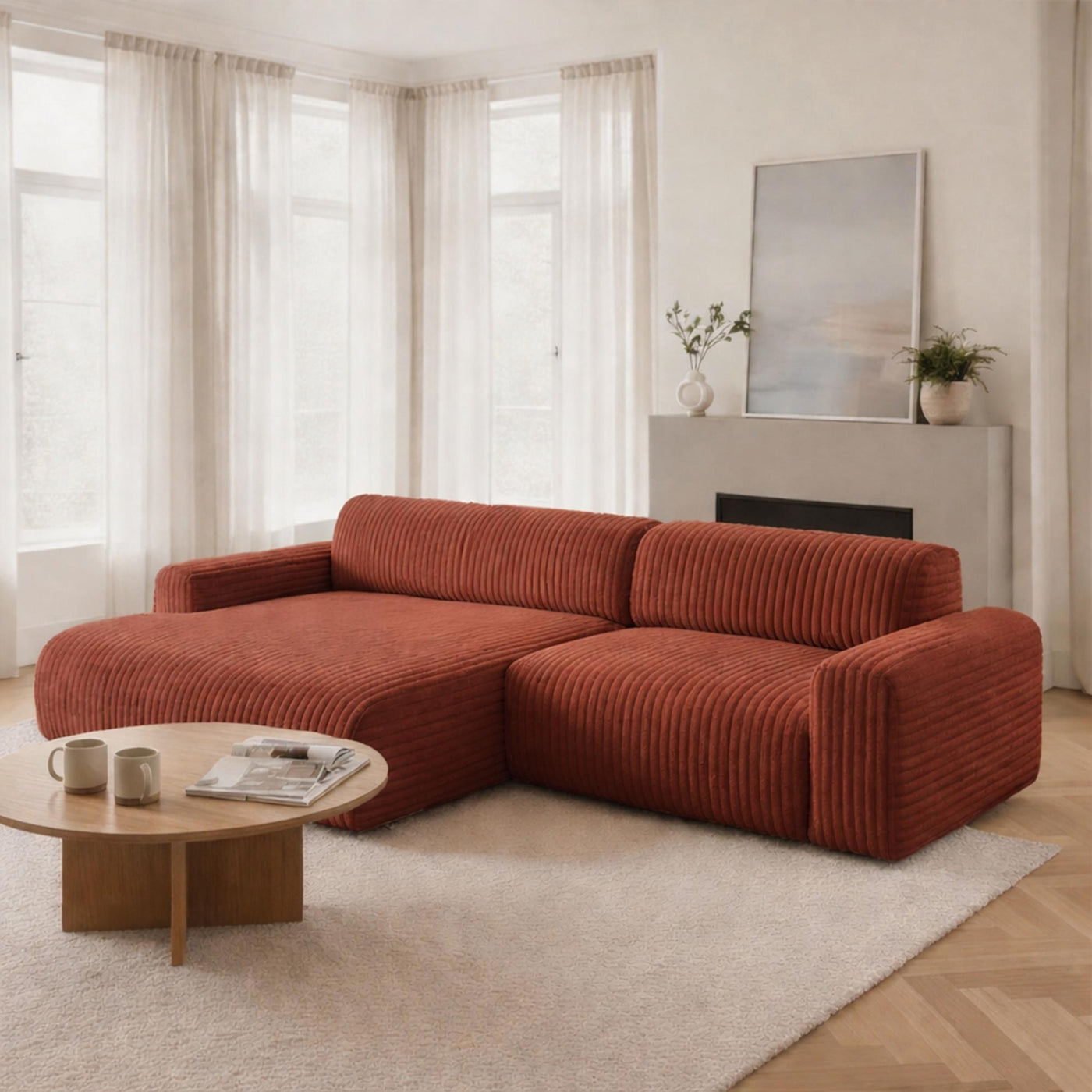 SOFIA Canapé d'angle en velours gros côtelé terracotta - Angle gauche - Canapés d'angle - Mobilier Deco