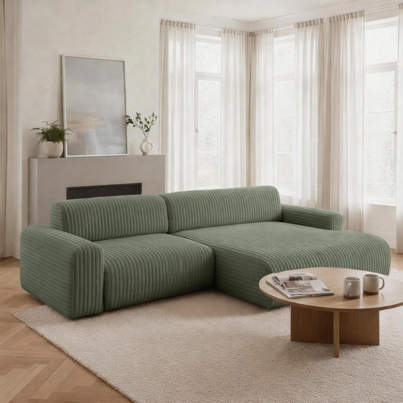SOFIA Canapé d'angle en velours gros côtelé vert - Angle droit - Canapés d'angle - Mobilier Deco