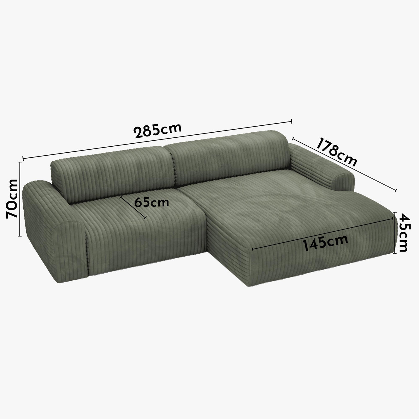 SOFIA Canapé d'angle en velours gros côtelé vert - Angle droit - Canapés d'angle - Mobilier Deco