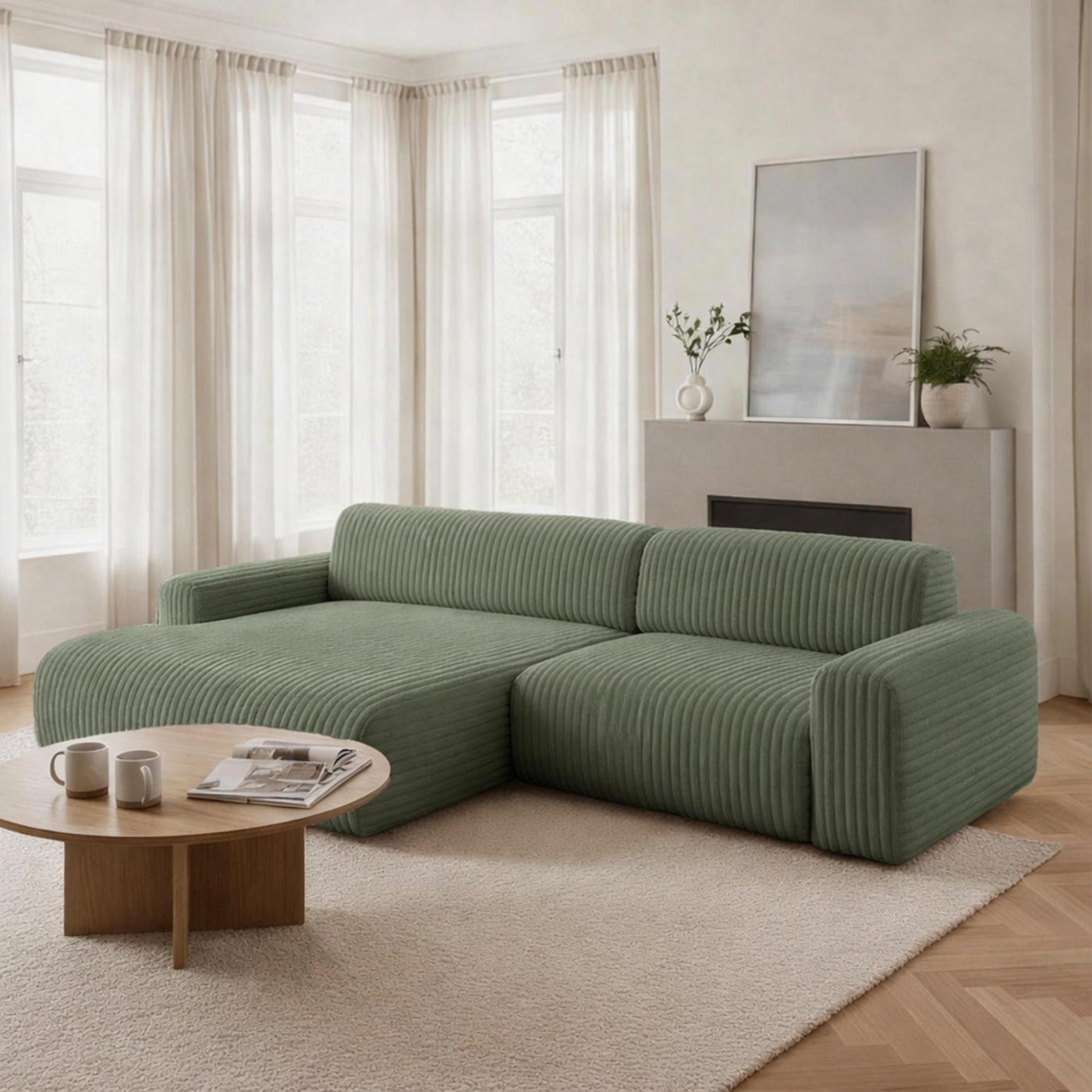 SOFIA Canapé d'angle en velours gros côtelé vert - Angle gauche - Canapés d'angle - Mobilier Deco