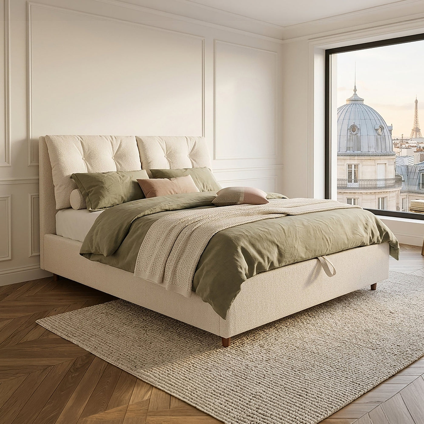 SORA Lit double en tissu beige avec coffre 160x200 cm - Lits - Mobilier Deco