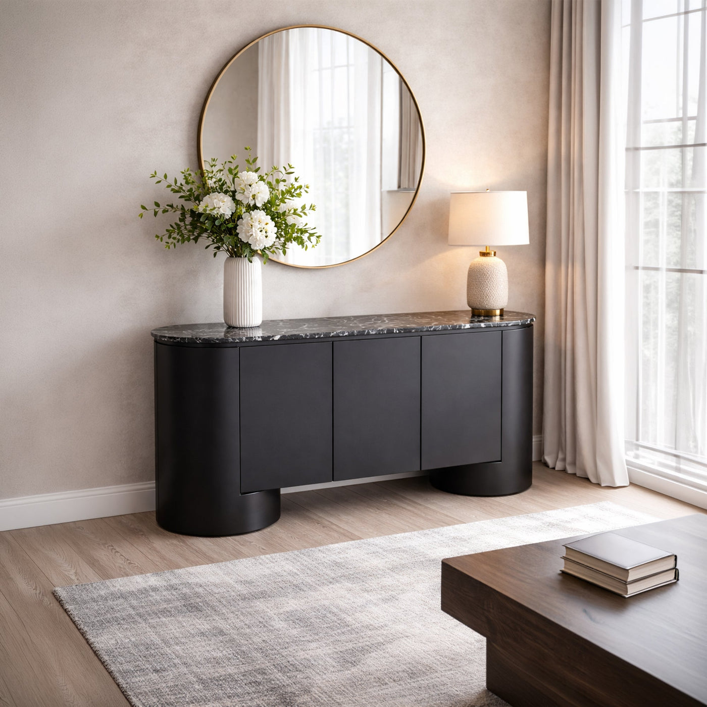 SORAN Buffet 3 portes plateau en marbre d'ingénierie noir et blanc - Buffet - Mobilier Deco