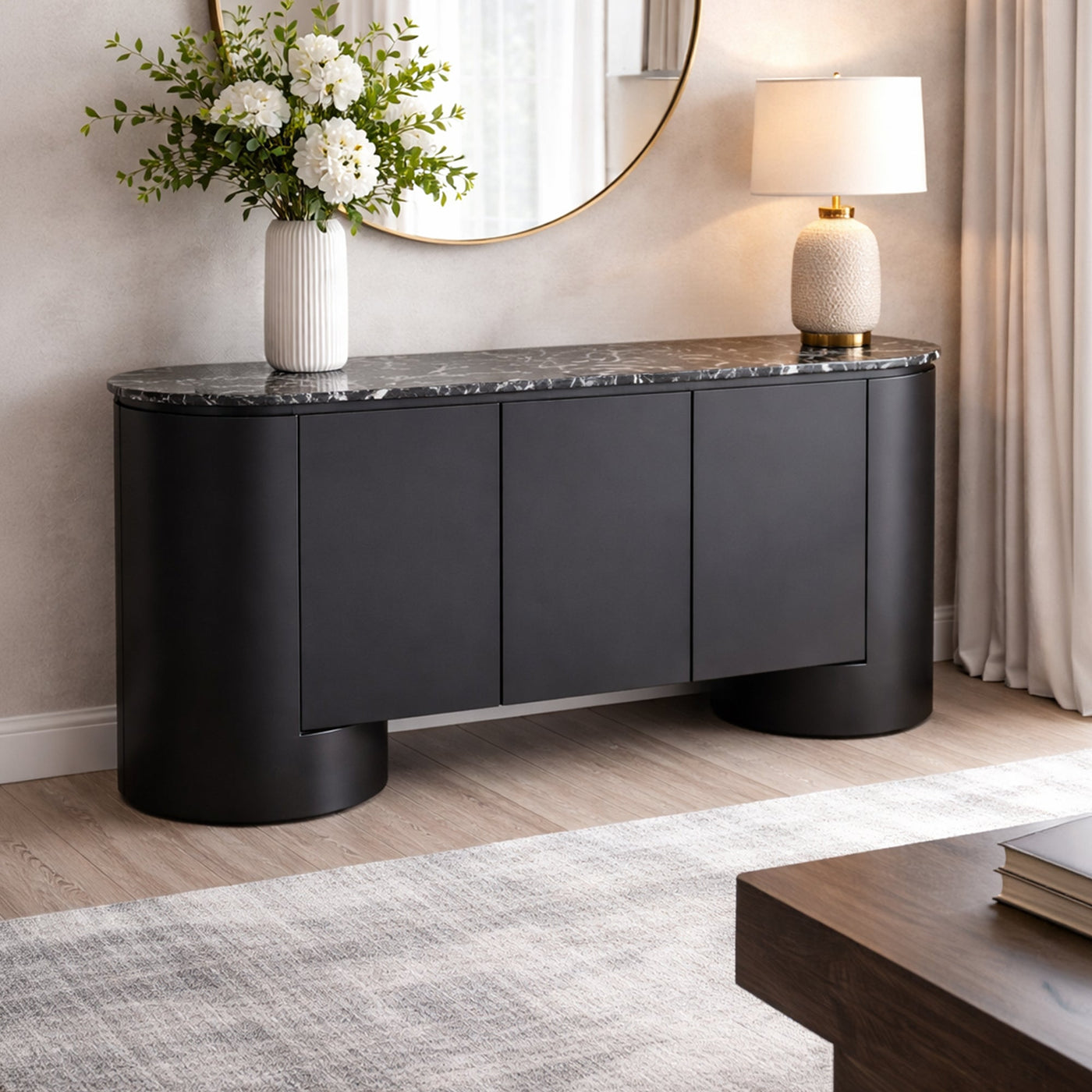 SORAN Buffet 3 portes plateau en marbre d'ingénierie noir et blanc - Buffet - Mobilier Deco