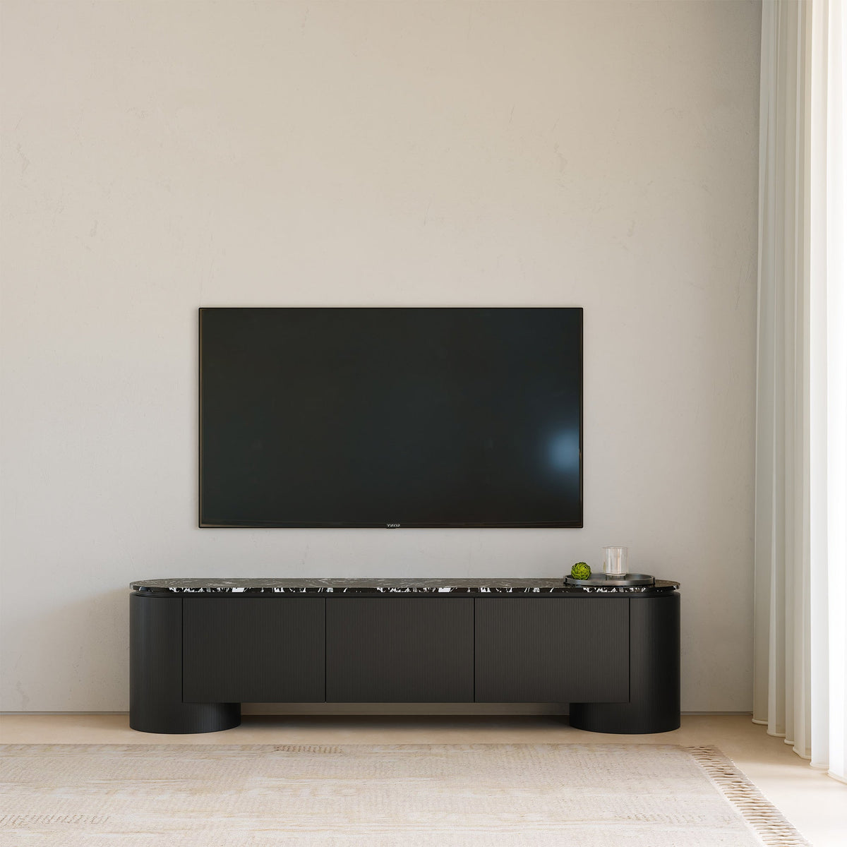 SORAN Meuble TV 3 portes plateau en marbre d'ingénierie noir et blanc - Meuble TV - Mobilier Deco