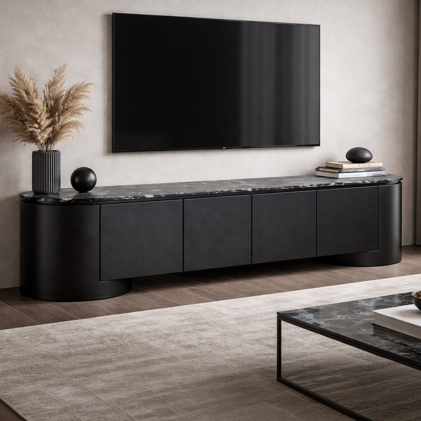 SORAN Meuble TV 4 portes plateau en marbre d'ingénierie noir et blanc - Meuble TV - Mobilier Deco