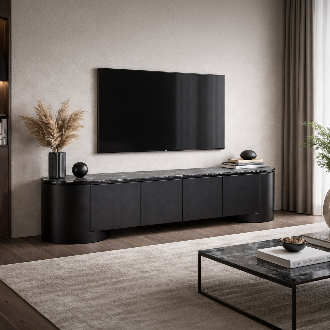 SORAN Meuble TV 4 portes plateau en marbre d'ingénierie noir et blanc - Meuble TV - Mobilier Deco