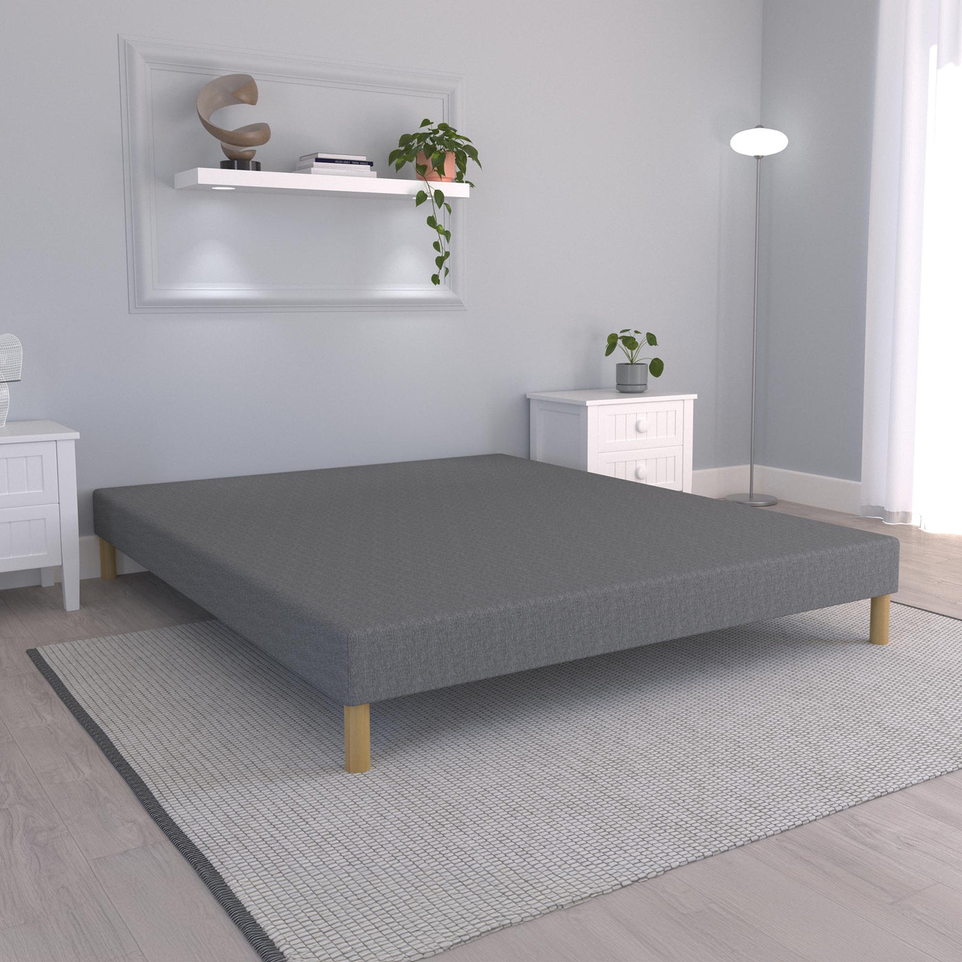 SPRING Sommier tapissier 140x190 tissu gris piètement en bois - Sommier - Mobilier Deco
