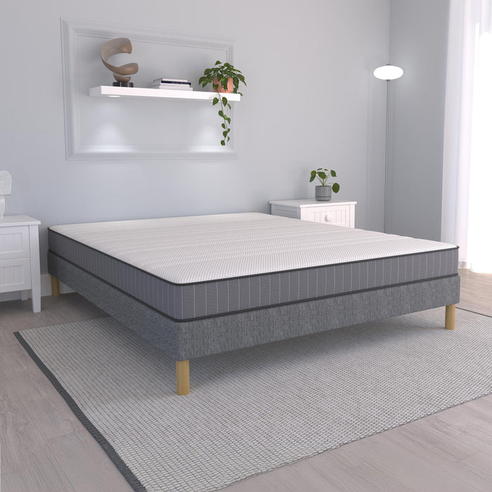 SPRING Sommier tapissier 140x190 tissu gris piètement en bois