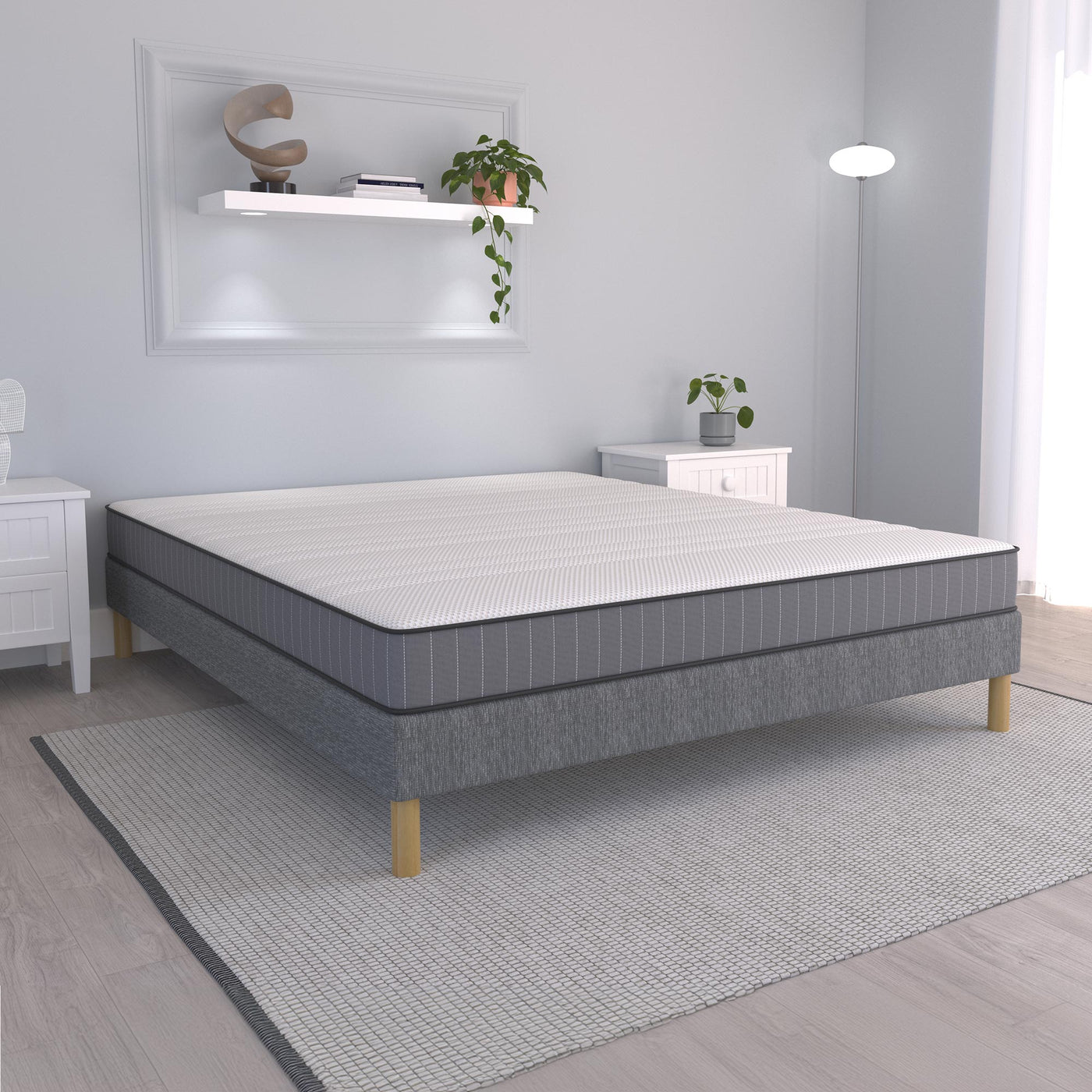 SPRING Sommier tapissier 160x200 tissu gris piètement en bois - Sommier - Mobilier Deco