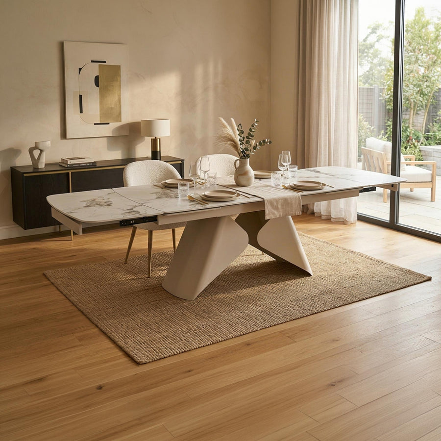 STACY Table à manger extensible en céramique couleur marbre blanc pieds en métal 160-240 cm — aperçu vidéo