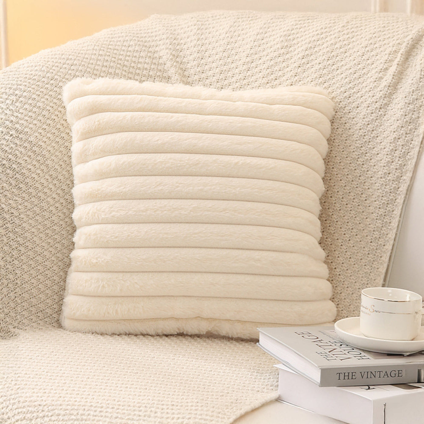 STANLY Coussin carré en tissu côtelé beige 43x43 cm - Coussins - Mobilier Deco