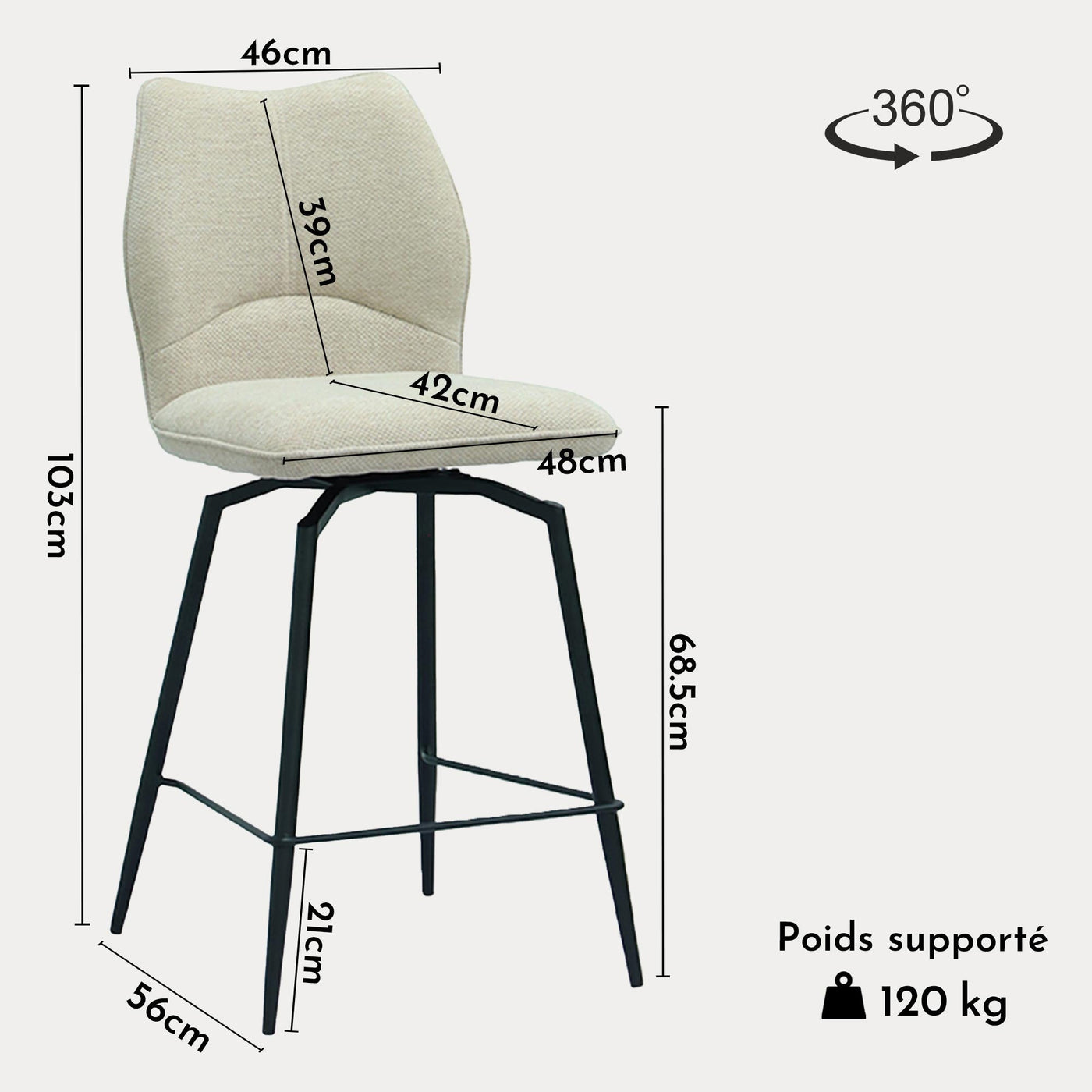 STELA Lot de 2 tabourets pivotants en tissu blanc écru piètement métal noir - Tabourets - Mobilier Deco