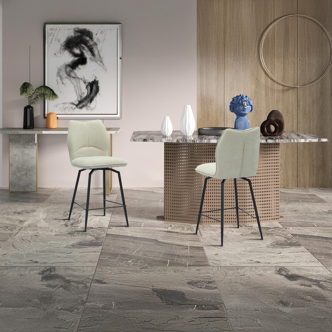 STELA Lot de 2 tabourets pivotants en tissu blanc écru piètement métal noir - Tabourets - Mobilier Deco