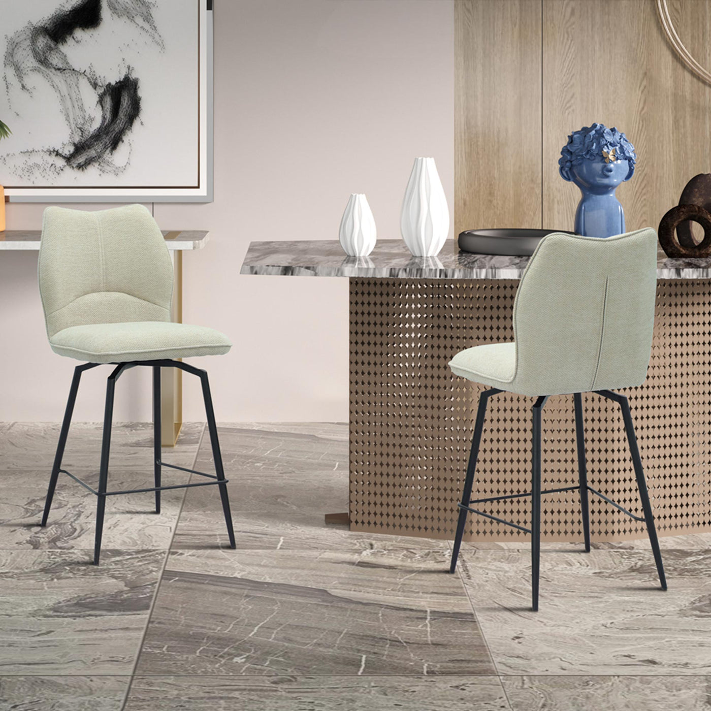 STELA Lot de 2 tabourets pivotants en tissu blanc écru piètement métal noir - Tabourets - Mobilier Deco