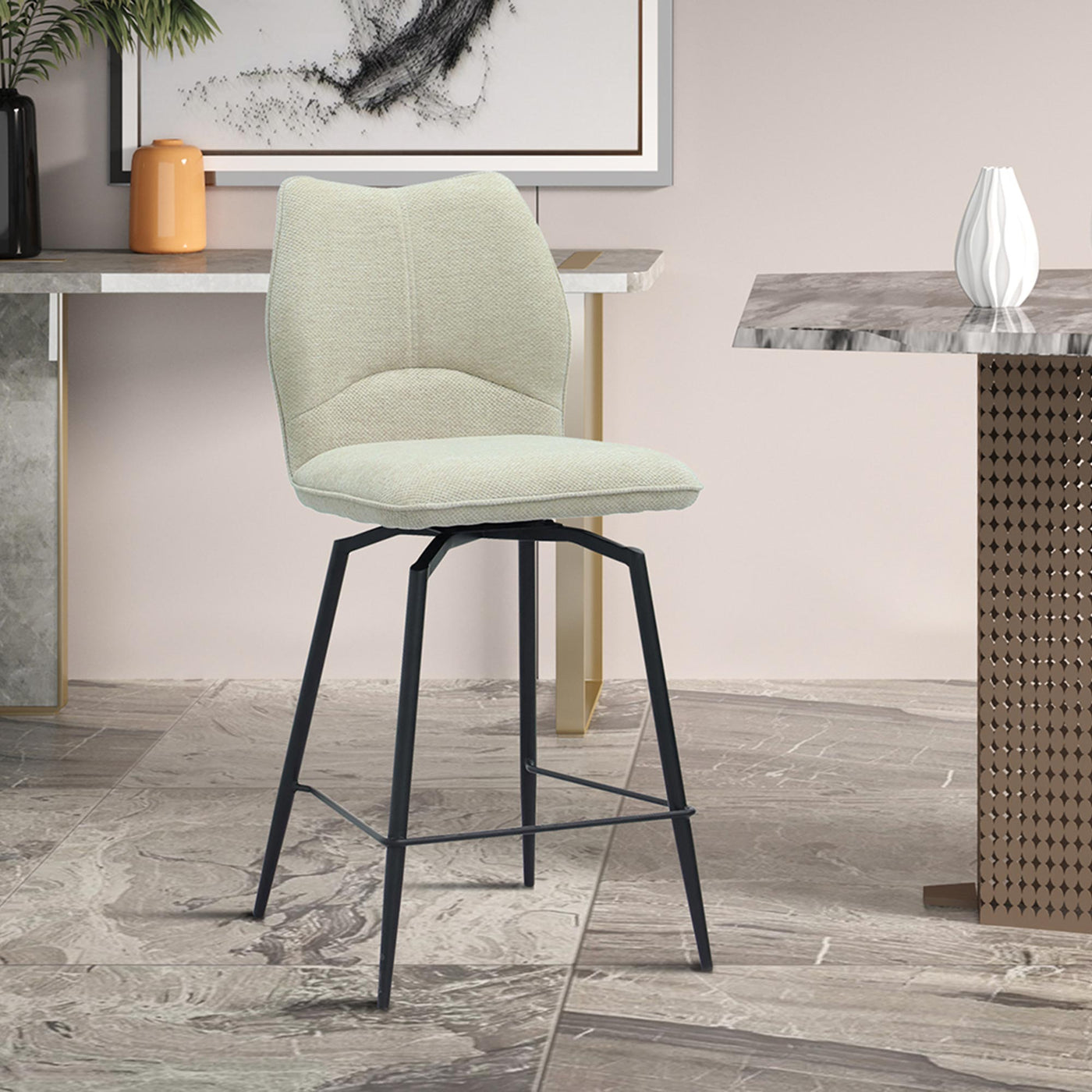 STELA Lot de 2 tabourets pivotants en tissu blanc écru piètement métal noir - Tabourets - Mobilier Deco