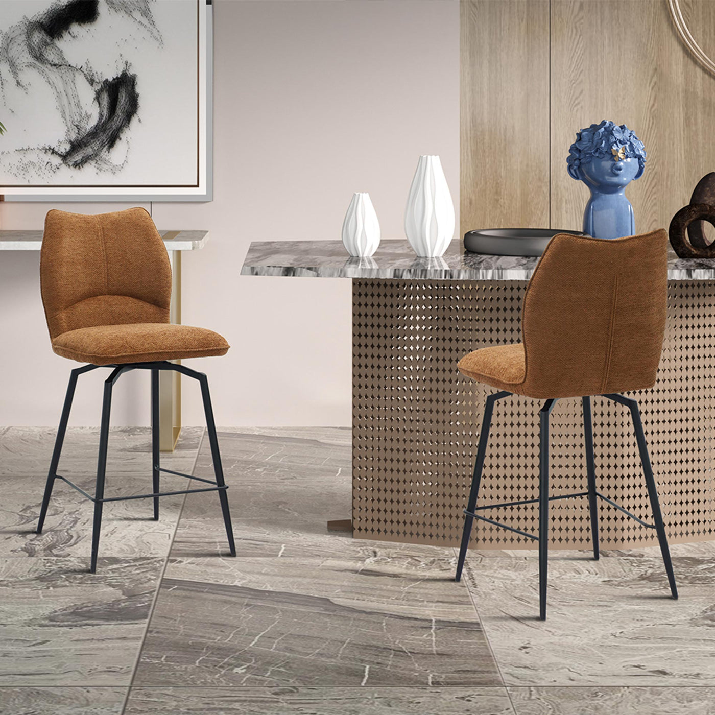 STELA Lot de 2 tabourets pivotants en tissu rouille piètement métal noir - Tabourets - Mobilier Deco