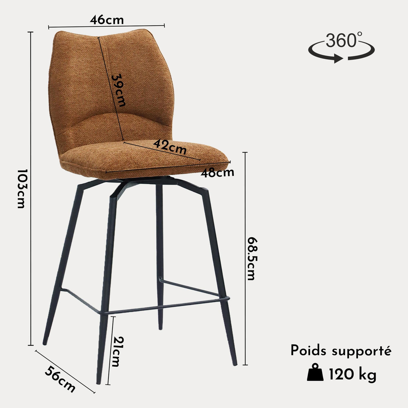 STELA Lot de 2 tabourets pivotants en tissu rouille piètement métal noir - Tabourets - Mobilier Deco