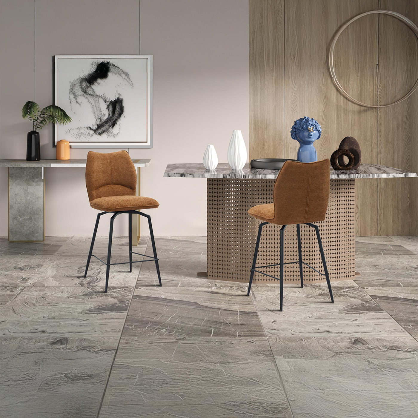 STELA Lot de 2 tabourets pivotants en tissu rouille piètement métal noir - Tabourets - Mobilier Deco