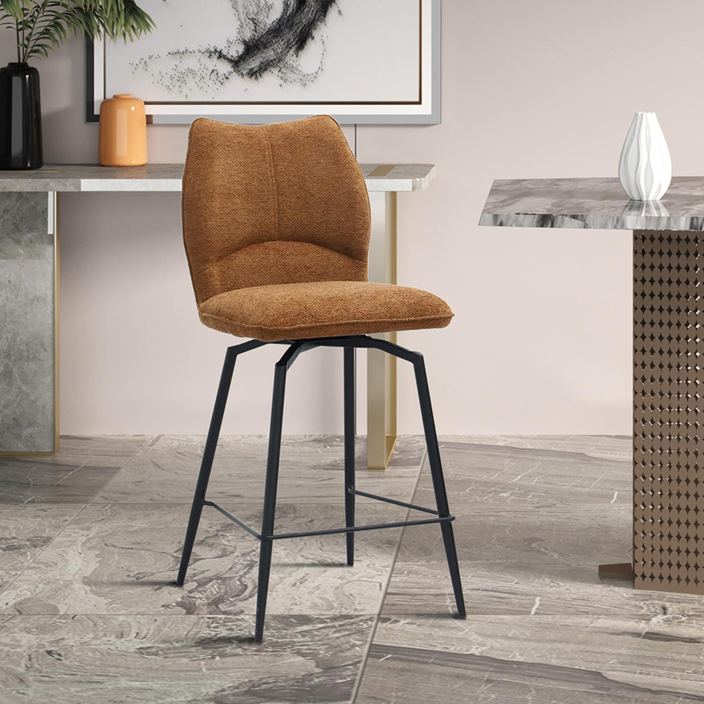 STELA Lot de 2 tabourets pivotants en tissu rouille piètement métal noir - Tabourets - Mobilier Deco