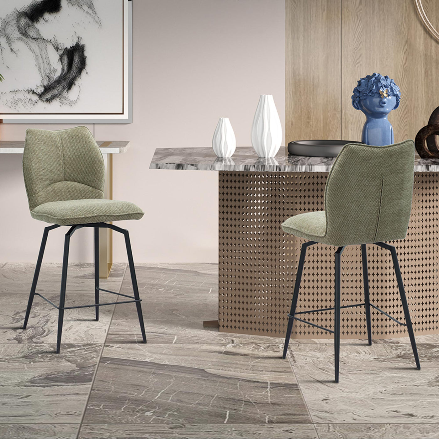 STELA Lot de 2 tabourets pivotants en tissu taupe piètement métal noir - Tabourets - Mobilier Deco