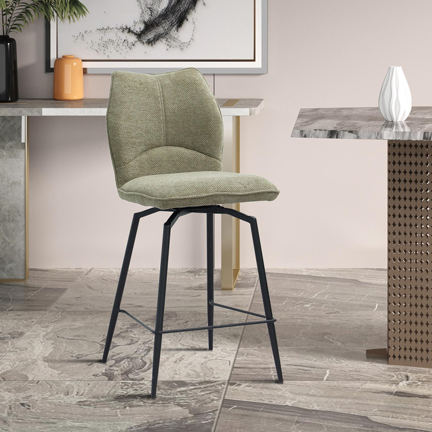STELA Lot de 2 tabourets pivotants en tissu taupe piètement métal noir - Tabourets - Mobilier Deco