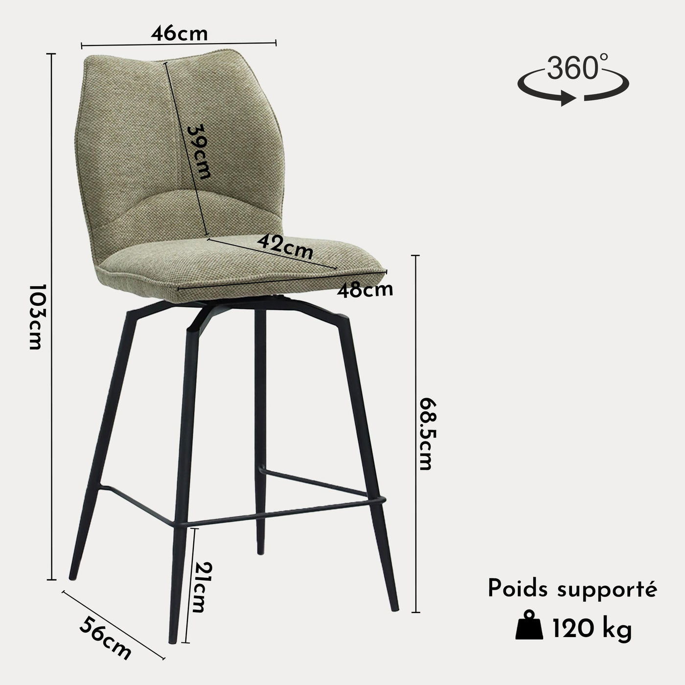 STELA Lot de 2 tabourets pivotants en tissu taupe piètement métal noir - Tabourets - Mobilier Deco