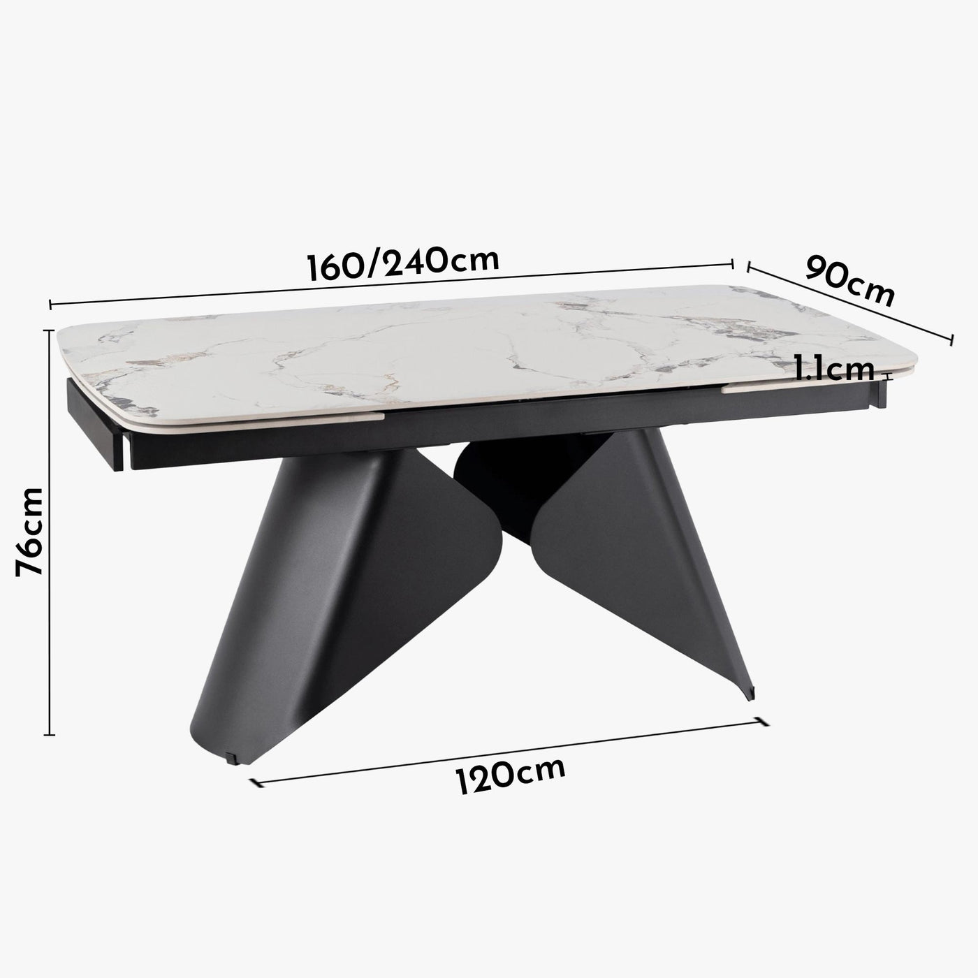 table à manger extensible 160-240 cm avec plateau en céramique couleur marbre blanc et piètement en métal