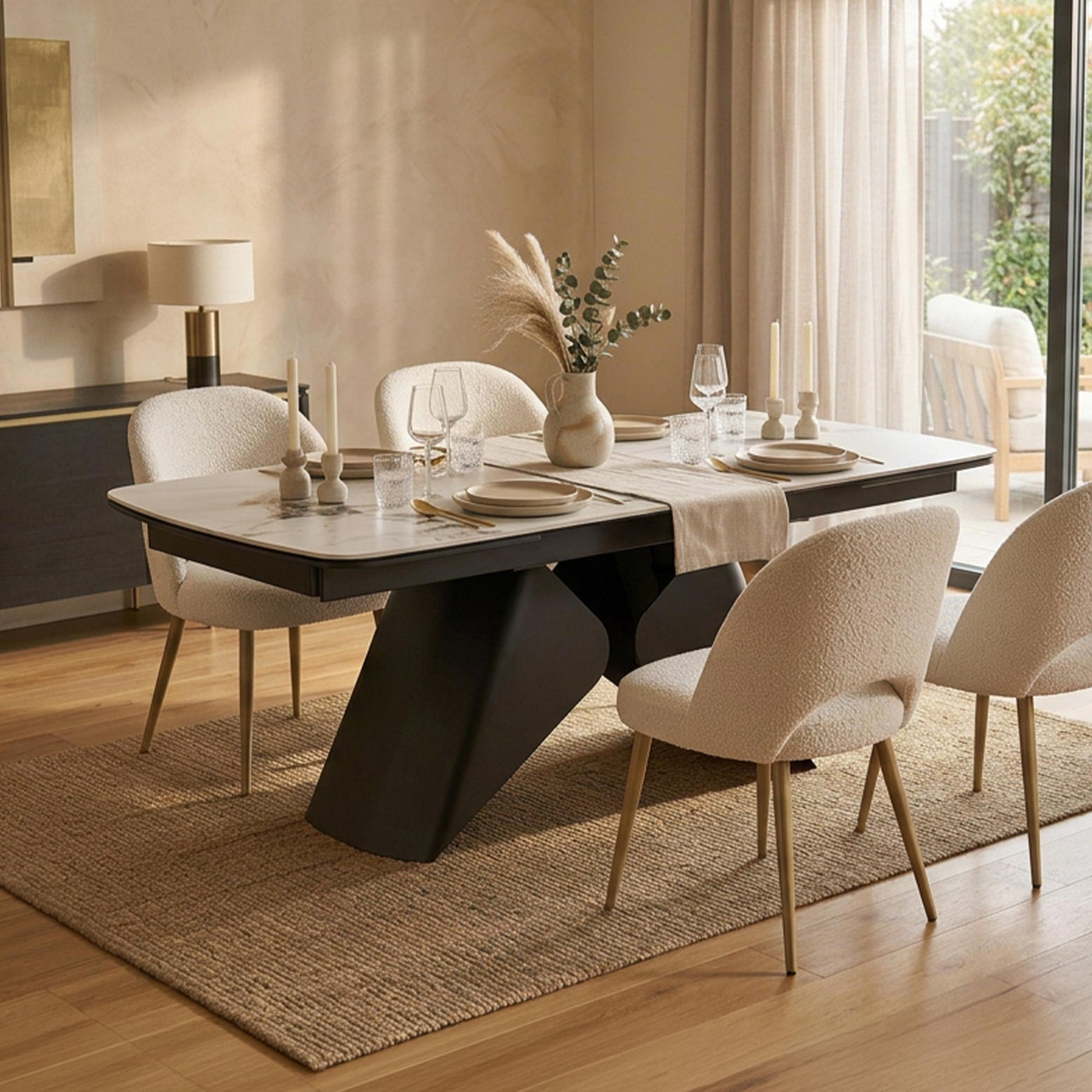 table à manger extensible 160-240 cm avec plateau en céramique couleur marbre blanc et piètement en métal