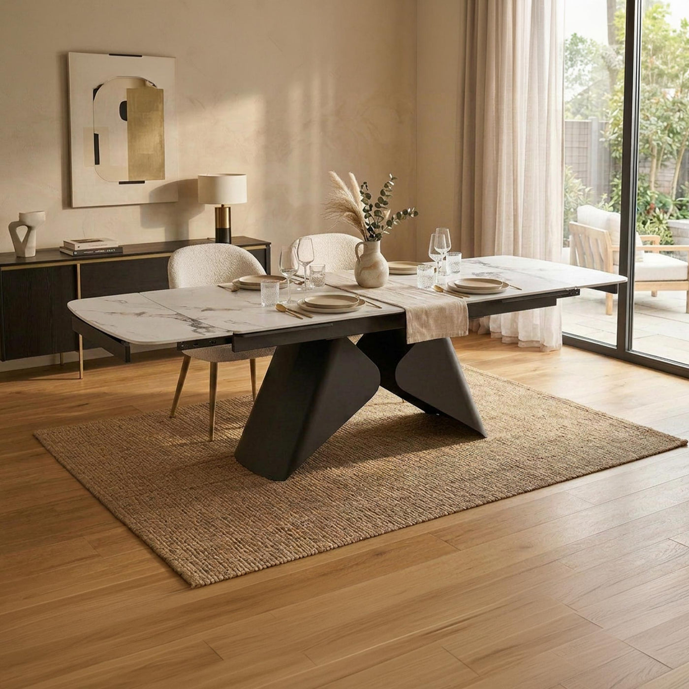 table à manger extensible 160-240 cm avec plateau en céramique couleur marbre blanc et piètement en métal