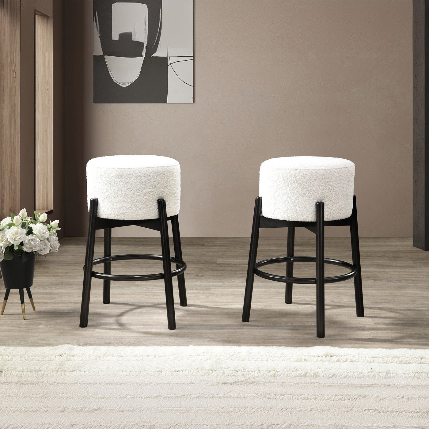 SULLY Lot de 2 tabourets effet peau de mouton blanc et bois noir - Tabourets - Mobilier Deco