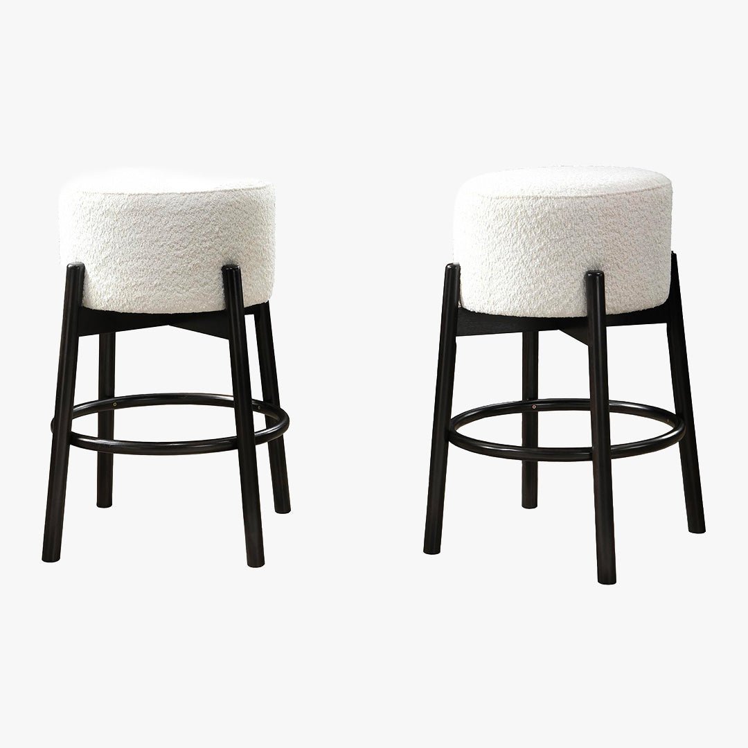 SULLY Lot de 2 tabourets effet peau de mouton blanc et bois noir - Tabourets - Mobilier Deco