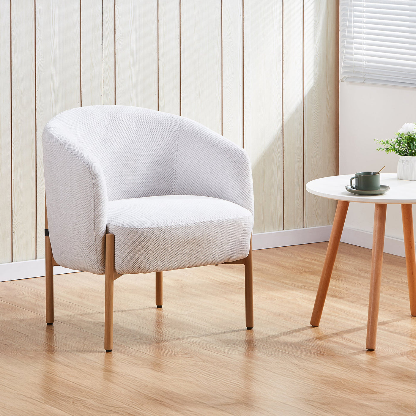 SYLIA Fauteuil en tissu blanc écru pieds couleur bois - Chaise de repas - Mobilier Deco
