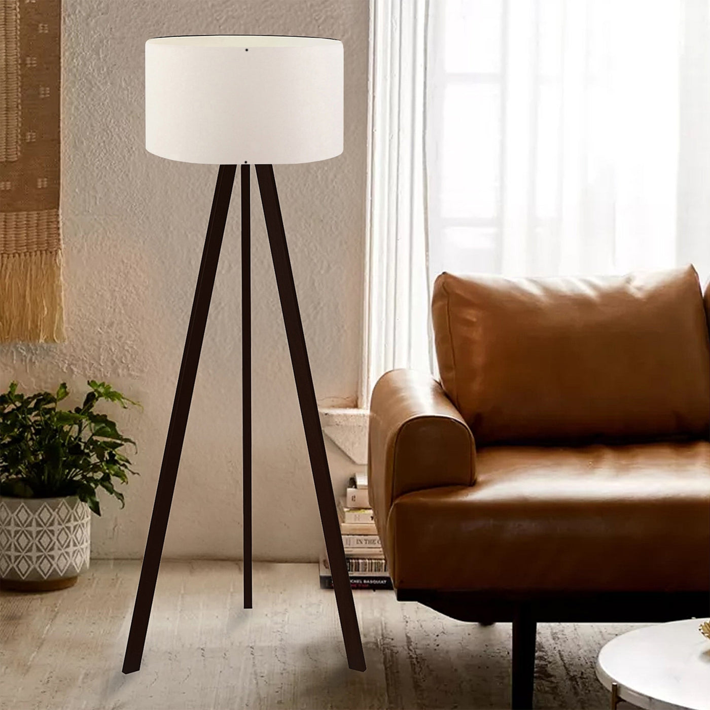 SYMO Lampe sur pieds avec abat jour en tissu blanc pieds noir - Luminaires - Mobilier Deco